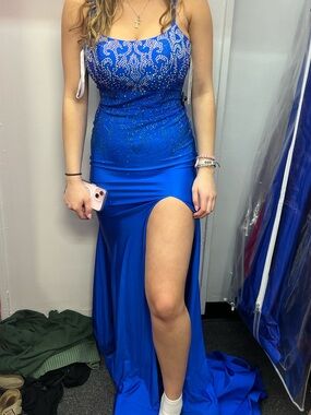 Royal Blue Beaded Spaghetti-Strap Evening Gown